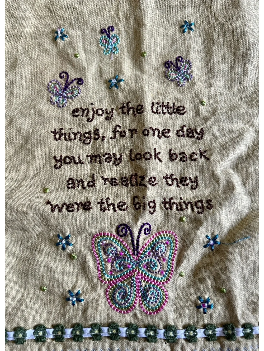 Embroidered Linen Wall Hanging with Inspirational Quote and Butterfly Design